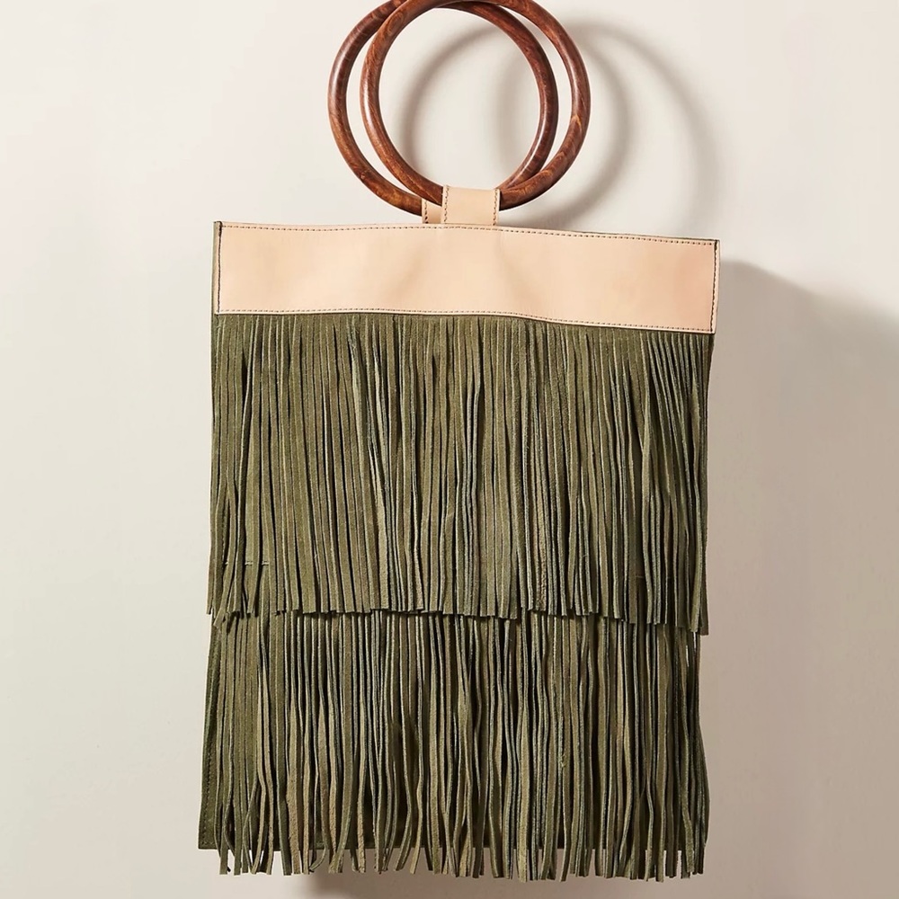 Anthropologie Olive Fringe Tote with Wooden Handles